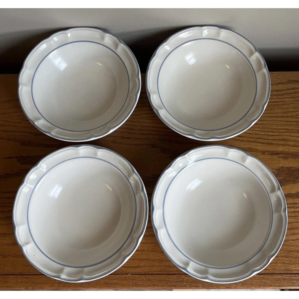 VTG Cordella Bluet Cereal Bowls 6 7/8" Stoneware Blue Trim Scalloped Set of 4